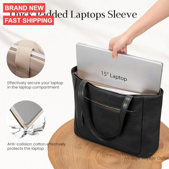 Genuine Leather Tote Bag with Laptop Compartment Work Purse - Picture 3 of 7